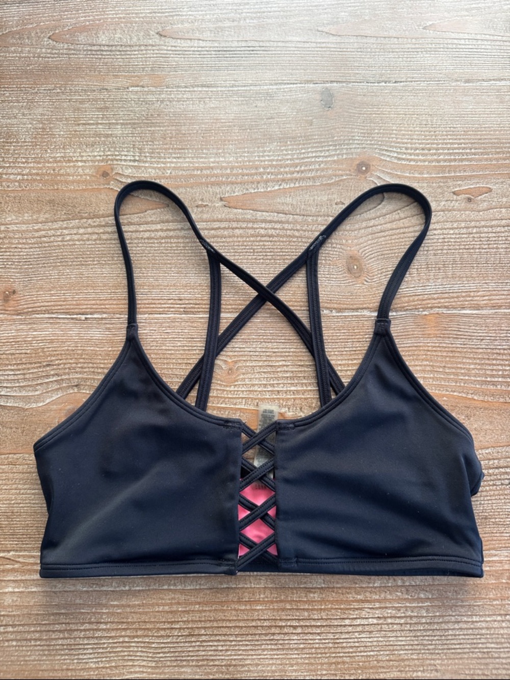 PINK Victoria's Secret Black Bikini Top with Pink Lattice Detail